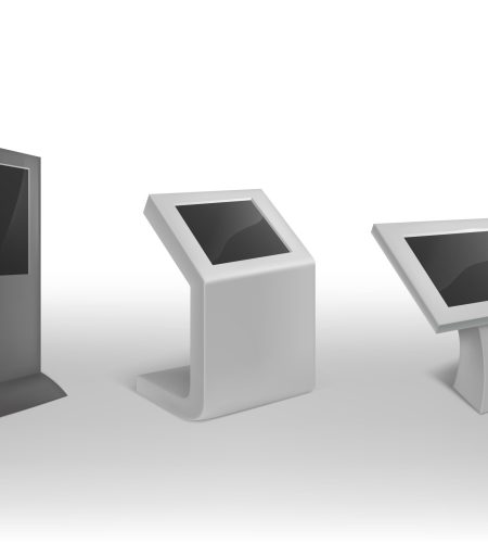 Vector 3d realistic digital informational kiosks. Interactive digital signage, stand with blank screen, electronic touchscreen. Mock up, template to showcasing info or advertising projects