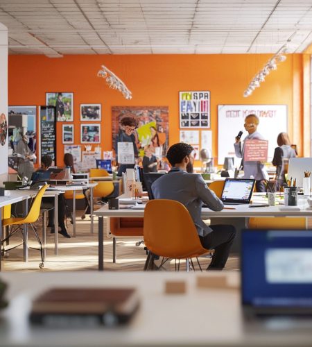 man-sits-desk-with-poster-that-says-i-love-you